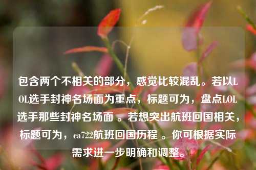 包含两个不相关的部分,感觉比较混乱。若以LOL选手封神名场面为重点,标题可为,盘点LOL选手那些封神名场面 。若想突出航班回国相关,标题可为,ca722航班回国历程 。你可根据实际需求进一步明确和调整。