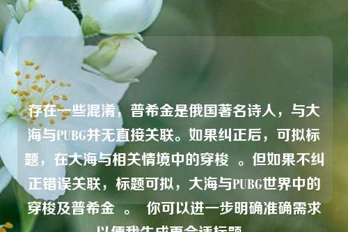 存在一些混淆，普希金是俄国著名诗人，与大海与PUBG并无直接关联。如果纠正后，可拟标题，在大海与相关情境中的穿梭  。但如果不纠正错误关联，标题可拟，大海与PUBG世界中的穿梭及普希金  。  你可以进一步明确准确需求以便我生成更合适标题 。