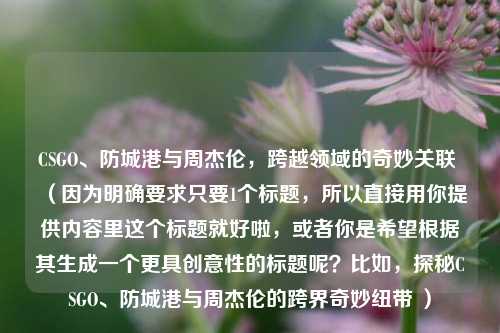 CSGO、防城港与周杰伦，跨越领域的奇妙关联 （因为明确要求只要1个标题，所以直接用你提供内容里这个标题就好啦，或者你是希望根据其生成一个更具创意性的标题呢？比如，探秘CSGO、防城港与周杰伦的跨界奇妙纽带 ）